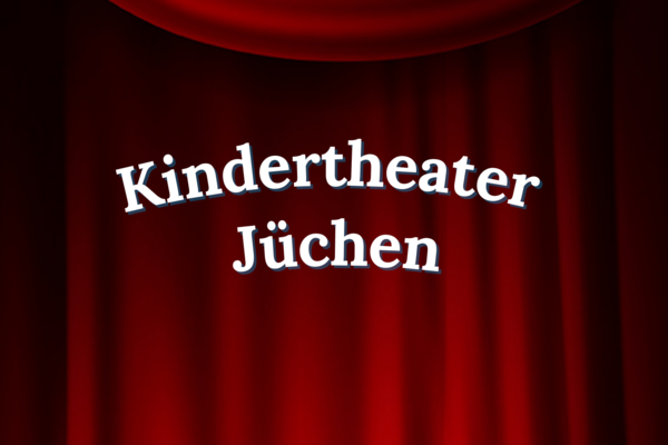 Schriftzug "Kindertheater Juechen" vor rotem Vorhang